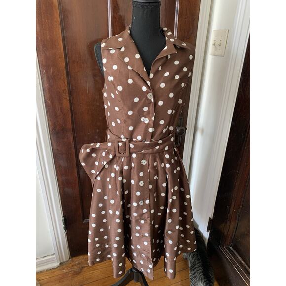 90s Jessica Howard Pretty Woman Brown Polka Dot Shirt Dress SZ 10 - Picture 11 of 15
